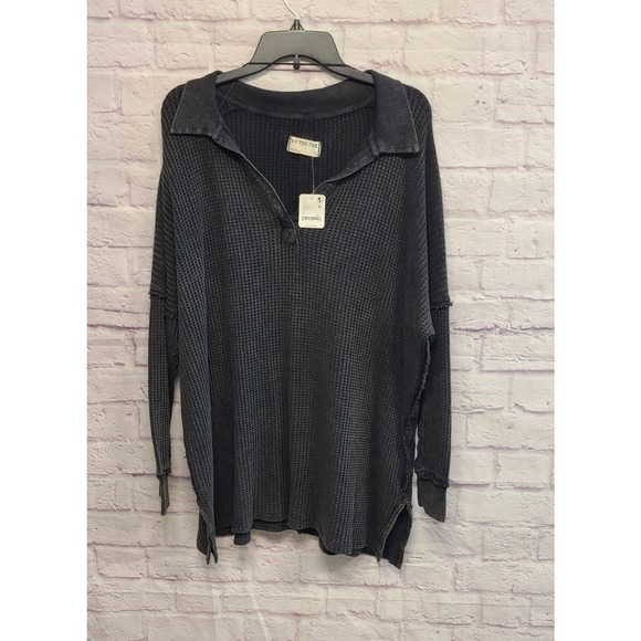 We The Free Women's Oversized Travis Polo Waffle Knit Top in Charcoal Black S - Picture 5 of 9